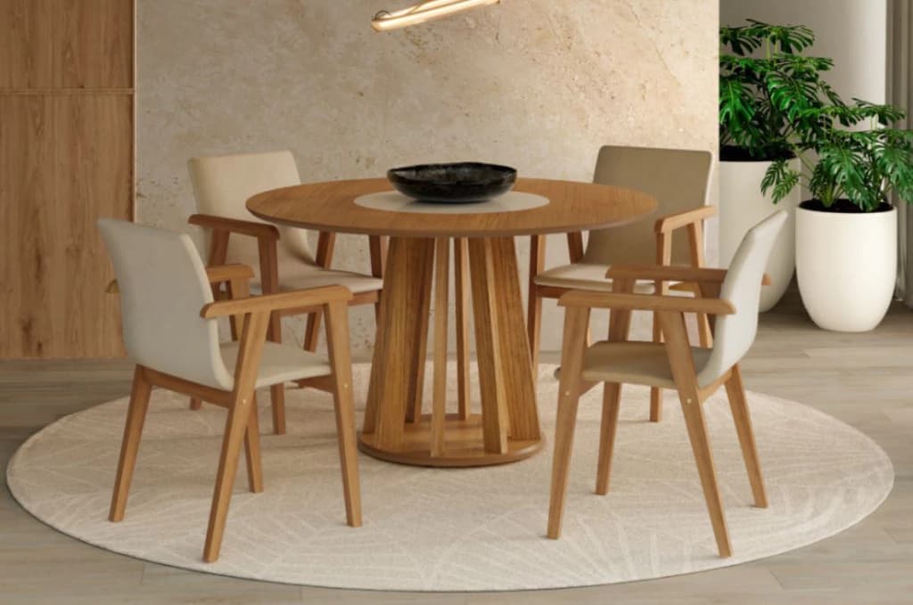 Mesa Valdemoveis c/ 4 cadeiras Flora (cinamomo/veludo bege ou prata linho)
